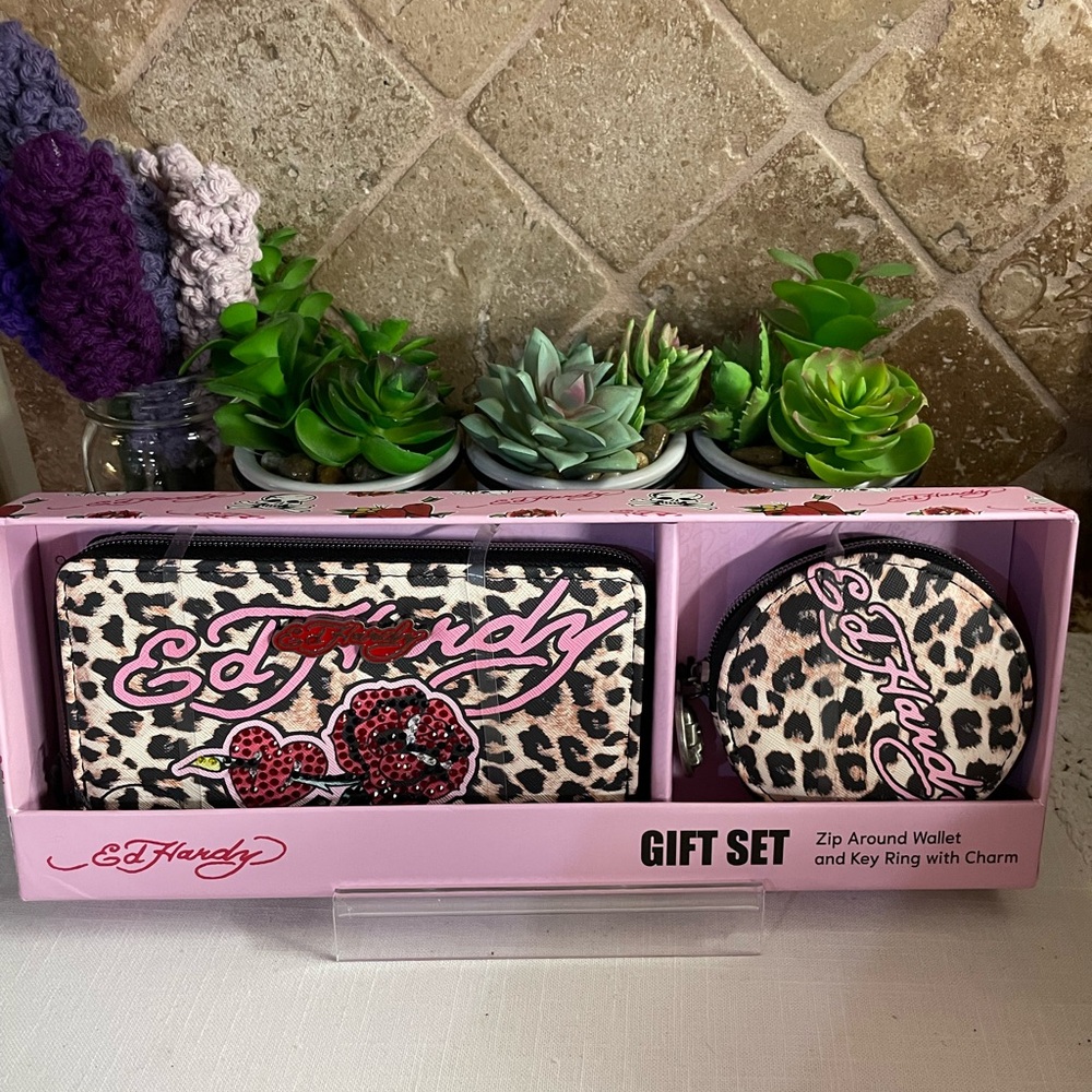 Ed Hardy 2 piece Leopard Print Gift Set with Red Accents